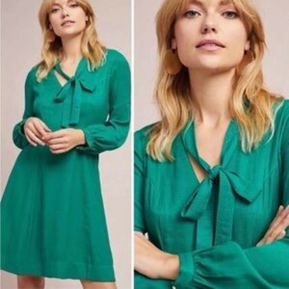 Moulinette Soeurs Womens 10 Dress Green Long Sleeve Mini Dress Bow Tie V Neck
